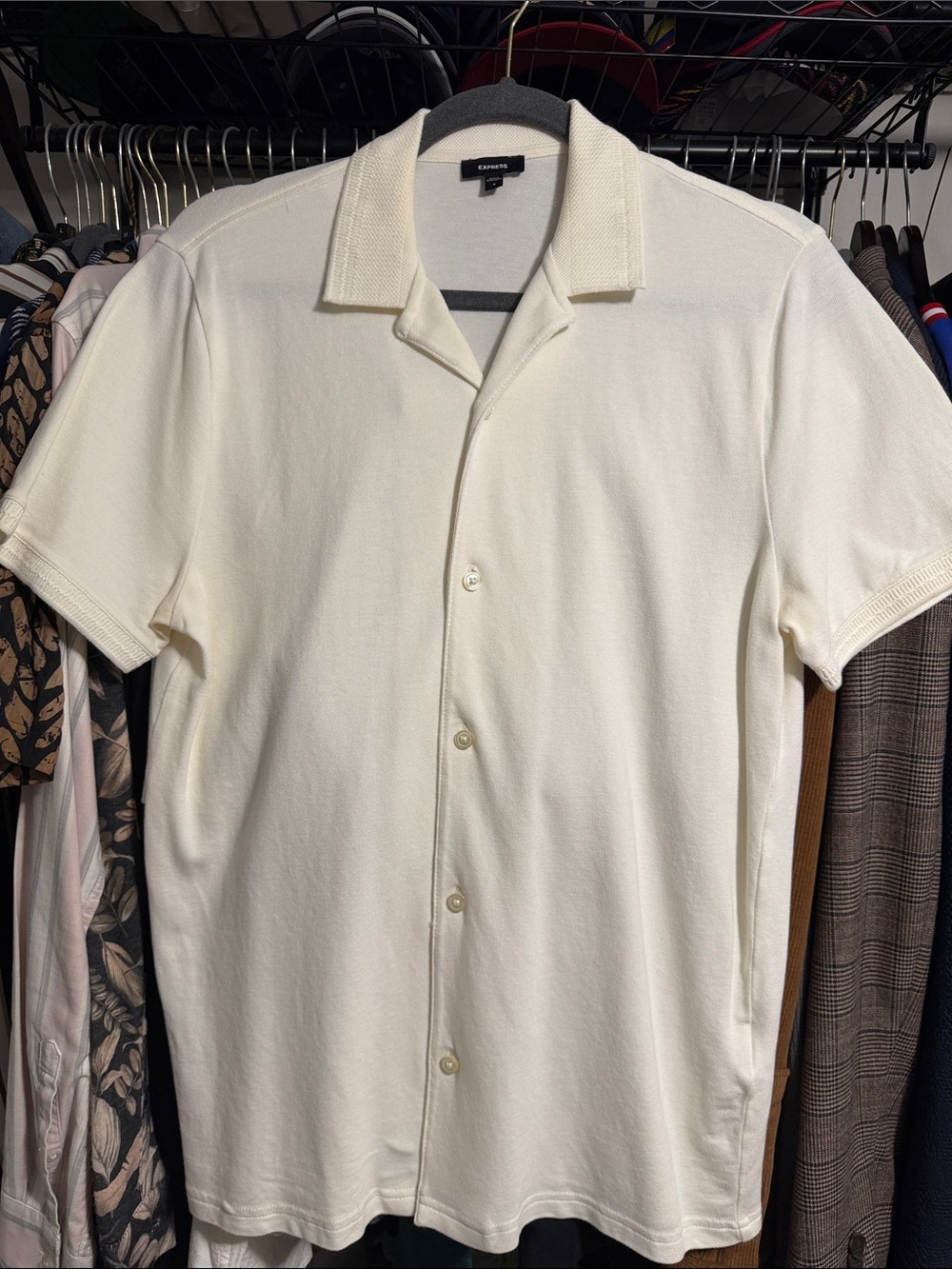 Express Men's Cream Short-Sleeve Button Down Shirt